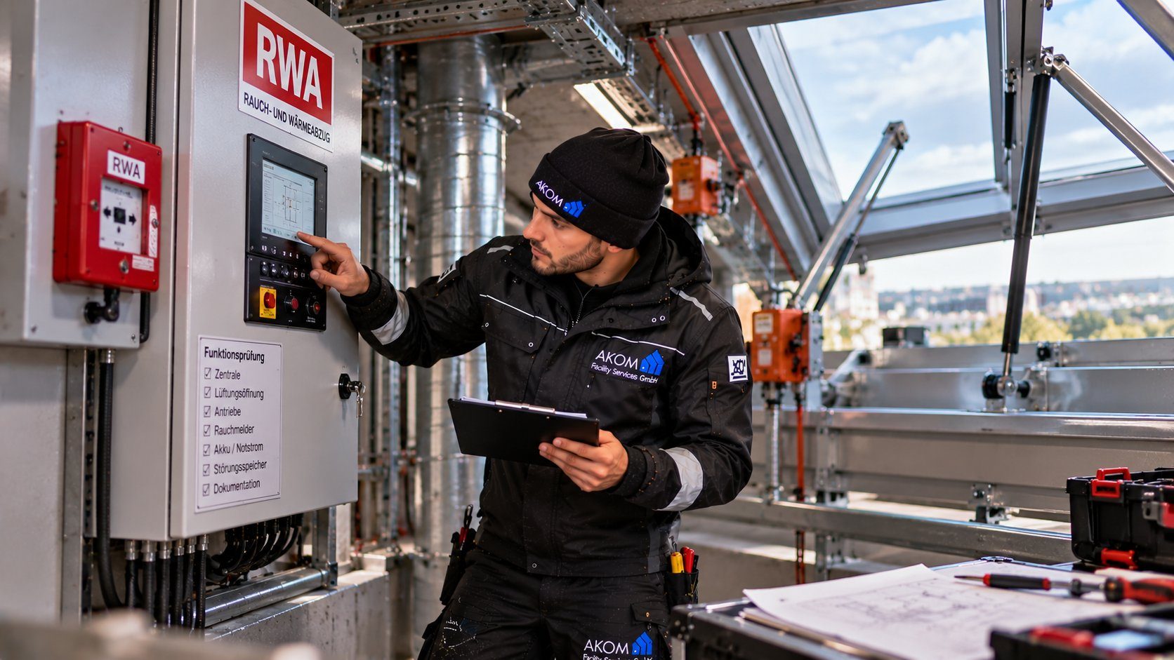 AKOM-Techniker prüft die Steuerung einer RWA-Anlage, Bild mit KI erstellt