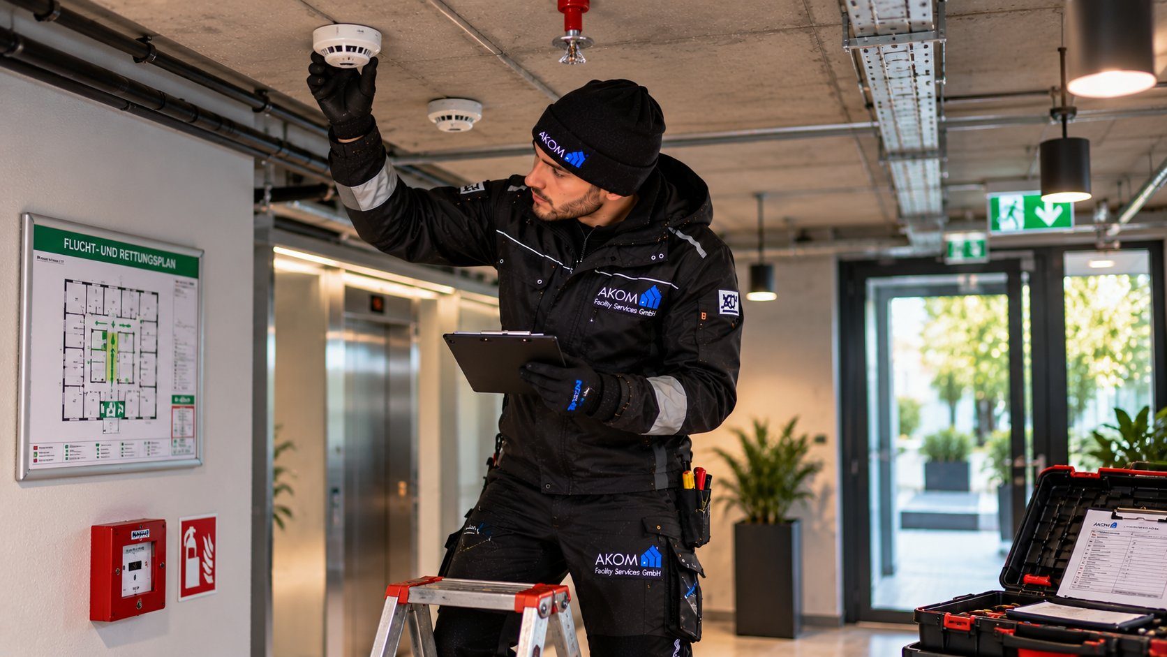 AKOM-Techniker prüft einen Rauchmelder an der Decke, Bild mit KI erstellt