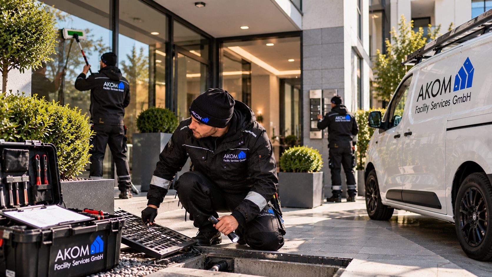 AKOM-Mitarbeiter mit Werkzeugkoffer am Gebäudeeingang, Bild mit KI erstellt