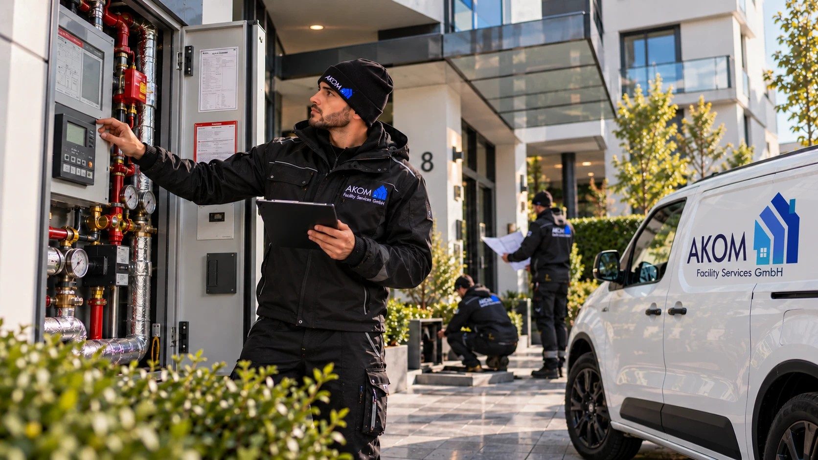 AKOM-Objektmanager prüft einen Technikschrank am Gebäude, Bild mit KI erstellt