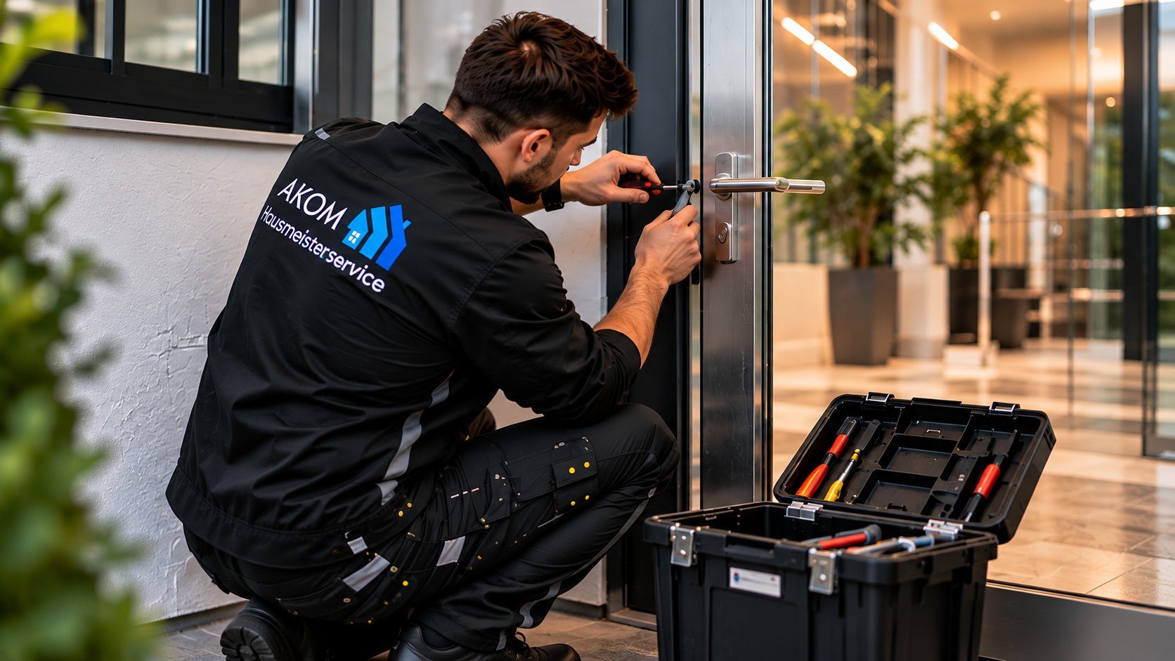 AKOM-Hausmeister repariert den Schließmechanismus einer Eingangstür, Bild mit KI erstellt
