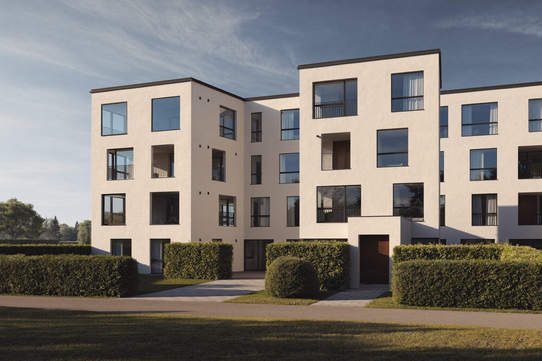 Moderne Wohnanlage mit hellen Fassaden und gepflegten Hecken