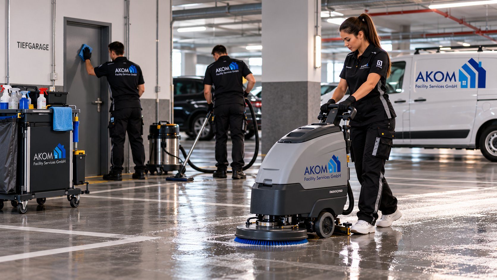 AKOM-Team reinigt eine Tiefgarage mit Scheuersaugmaschine, Bild mit KI erstellt