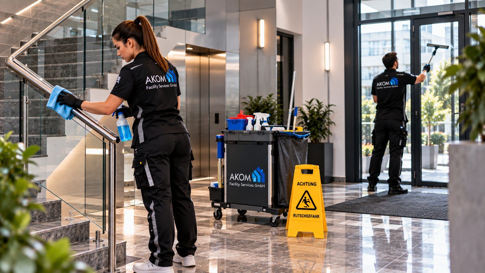 AKOM-Reinigungskräfte im Foyer eines Bürogebäudes: Geländer und Glasfront werden gereinigt, Bild mit KI erstellt