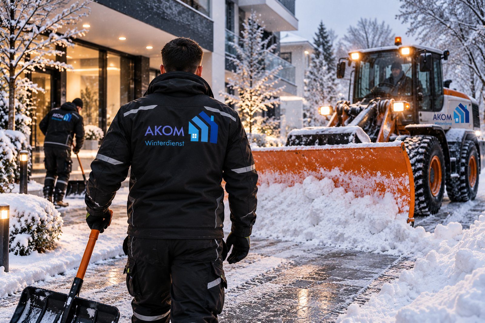 AKOM-Winterdienst mit Räumfahrzeug im Schneetreiben, Bild mit KI erstellt