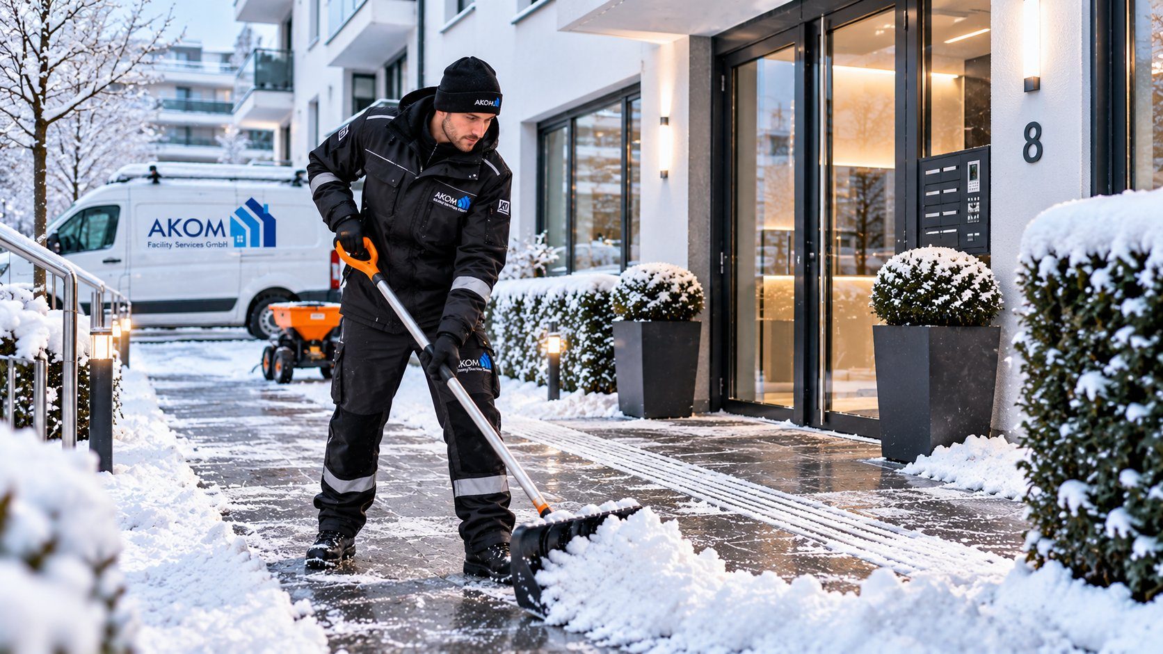AKOM-Mitarbeiter räumt Schnee vor einem Gebäudeeingang, Bild mit KI erstellt